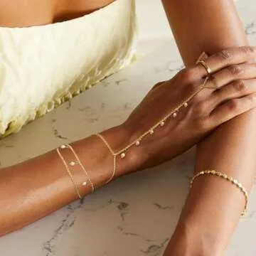 ABPBA 2 Pcs Hand Chain Bracelet Ring Bracelet Hand Chain Layered 14K Gold Plated Hand Chain Dainty P...