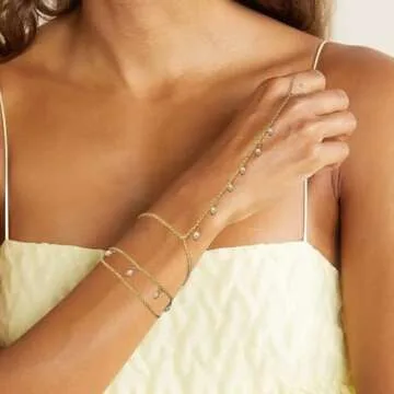 ABPBA 2 Pcs Hand Chain Bracelet Ring Bracelet Hand Chain Layered 14K Gold Plated Hand Chain Dainty Pearl Ring Bracelet Trendy Summer Stuff