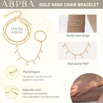 ABPBA 2 Pcs Hand Chain Bracelet Ring Bracelet Hand Chain Layered 14K Gold Plated Hand Chain Dainty Pearl Ring Bracelet Trendy Summer Stuff