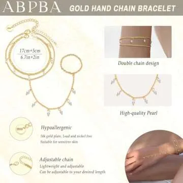 ABPBA 2 Pcs Hand Chain Bracelet Ring Bracelet Hand Chain Layered 14K Gold Plated Hand Chain Dainty Pearl Ring Bracelet Trendy Summer Stuff