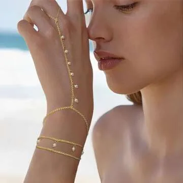 ABPBA 2 Pcs Hand Chain Bracelet Ring Bracelet Hand Chain Layered 14K Gold Plated Hand Chain Dainty Pearl Ring Bracelet Trendy Summer Stuff