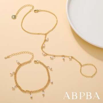 ABPBA 2 Pcs Hand Chain Bracelet Ring Bracelet Hand Chain Layered 14K Gold Plated Hand Chain Dainty Pearl Ring Bracelet Trendy Summer Stuff