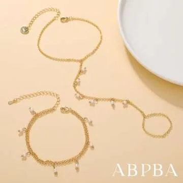 ABPBA 2 Pcs Hand Chain Bracelet Ring Bracelet Hand Chain Layered 14K Gold Plated Hand Chain Dainty Pearl Ring Bracelet Trendy Summer Stuff