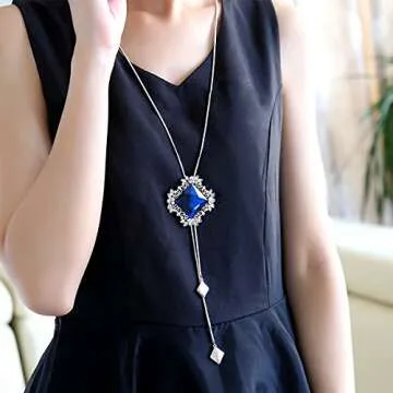 Merdia Long Chain Necklace for Women Rhombus Pendant with Sparkly Glass | Jewelry for Women | Charm Necklace for Women | Long Pendant Necklace for Women | Boho Jewelry for Women (Blue)