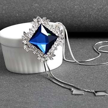 Merdia Long Chain Necklace for Women Rhombus Pendant with Sparkly Glass | Jewelry for Women | Charm Necklace for Women | Long Pendant Necklace for Women | Boho Jewelry for Women (Blue)