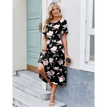 Summer Floral Print Midi Dress with Pockets