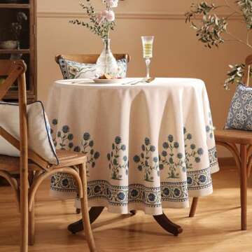 patdrea Designer Blue Tablecloth for Round Tables,Vintage Linen with Leaves and Flowers Pattern Tabl...