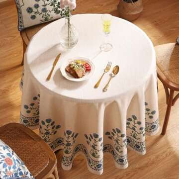 patdrea Designer Blue Tablecloth for Round Tables,Vintage Linen with Leaves and Flowers Pattern Tablecloths,Farmhouse Floral Table Cover Cloth Decor for Kitchen Dining Christmas,Diameter 55"