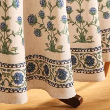 patdrea Designer Blue Tablecloth for Round Tables,Vintage Linen with Leaves and Flowers Pattern Tablecloths,Farmhouse Floral Table Cover Cloth Decor for Kitchen Dining Christmas,Diameter 55"