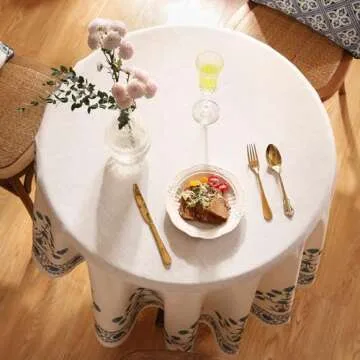 patdrea Designer Blue Tablecloth for Round Tables,Vintage Linen with Leaves and Flowers Pattern Tablecloths,Farmhouse Floral Table Cover Cloth Decor for Kitchen Dining Christmas,Diameter 55"