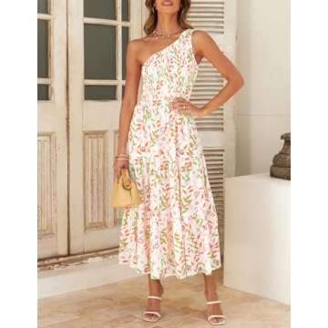 ZESICA Women's Bohemian Summer Floral Print One Shoulder Sleeveless Smocked Ruffle Tiered Beach Long...