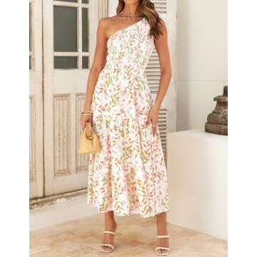ZESICA Women's Bohemian Summer Floral Print One Shoulder Sleeveless Smocked Ruffle Tiered Beach Long Midi Dress,WhitePink,Medium