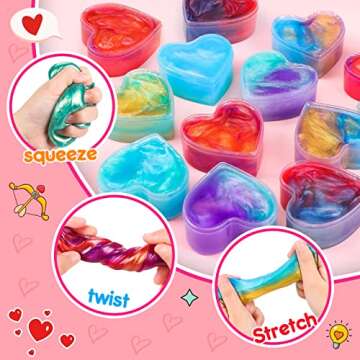 EZIGO 30 PCS Valentine Party Favors for Kids Heart Shaped Glitter Slime Kit with Valentines Day Cards, Stress Relief Fidget Toys, School Game Prizes, Classroom Exchange Valentine Gifts for Boys Girls