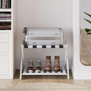 Semiocthome Pack of 2 Fully Assembled White Luggage Racks, 2-Tier Bamboo Suitcase Stand, Heavy Duty Luggage Stand with Storage Shelf for Guest Room, Hotel, Bedroom