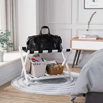 Semiocthome Pack of 2 Fully Assembled White Luggage Racks, 2-Tier Bamboo Suitcase Stand, Heavy Duty Luggage Stand with Storage Shelf for Guest Room, Hotel, Bedroom