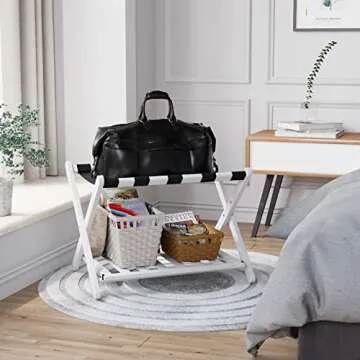 Semiocthome Pack of 2 Fully Assembled White Luggage Racks, 2-Tier Bamboo Suitcase Stand, Heavy Duty Luggage Stand with Storage Shelf for Guest Room, Hotel, Bedroom