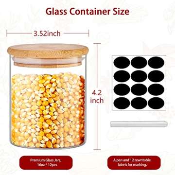 SLifeJars - Glass Jars with Bamboo Lids 16 oz, 12pcs Glass Food Storage Jars with Rewritable Labels,...