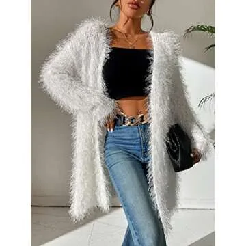Navhao Sweater Dress for Women- Drop Shoulder Fuzzy Duster Cardigan (Color : White, Size : Medium)