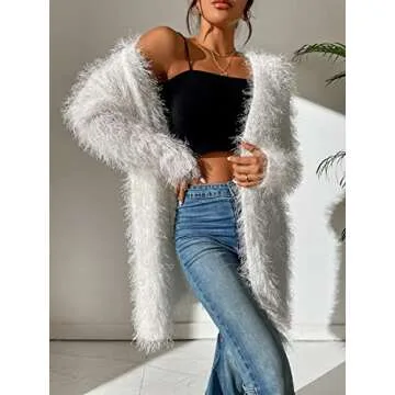 Navhao Sweater Dress for Women- Drop Shoulder Fuzzy Duster Cardigan (Color : White, Size : Medium)