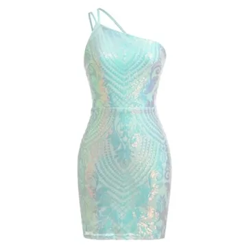 Sexy Mint Green Sequin Prom Dress One Shoulder Sparkly Party