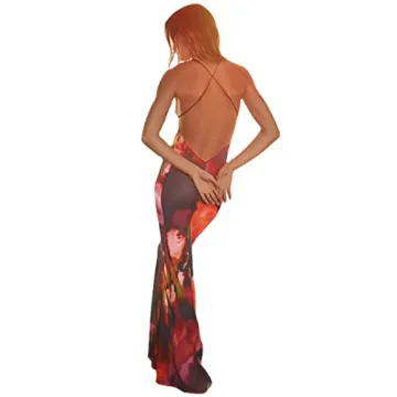 Sexy Tie Dye Backless Maxi Dress Y2k Lace Strap Summer Party