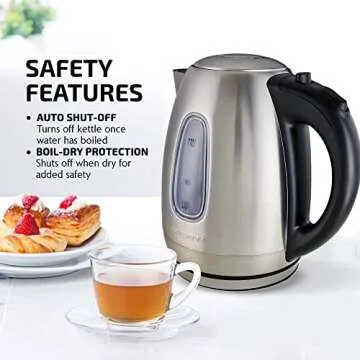 Ovente Portable Electric Hot Water Kettle 1.7L Stainless Steel 1100 Watt Fast Heating