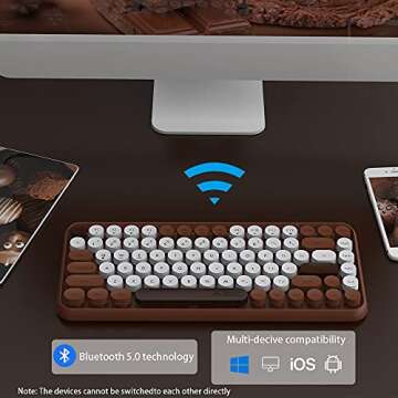 NACODEX 84 Key Bluetooth Typewriter Keyboard with Cute Retro Round Keycaps, Comfortable Ergonomic Wireless Mini Keyboard for iOS Window Android (Brown)