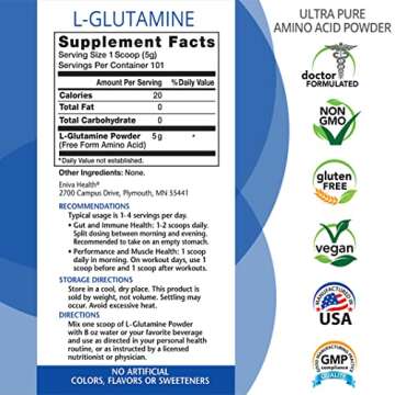 Eniva Health L-Glutamine Pure Powder, Unflavored (101 Servings) | Vegan, Gluten-Free, Sugar-Free, No...