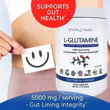 Eniva Health L-Glutamine Pure Powder, Unflavored (101 Servings) | Vegan, Gluten-Free, Sugar-Free, Non-GMO | Doctor-Formulated, USA Made | Gut Health, Leaky Gut, Bloating, Muscle Health, Immune System