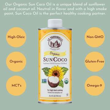 La Tourangelle, Organic Sun Coco Oil, Unique Blend of Organic High-Oleic Sunflower Oil and Organic Refined Coconut Oil, Heat Heat Cooking and DIY Beauty, 25.4 fl oz
