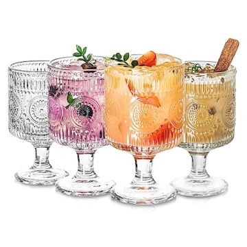 Romantic Vintage Goblet Glasses of 4, Charming Vintage Embossed Floral Decorative Glass Cups Set, Mi...
