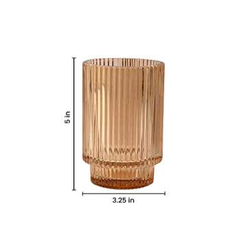 Serene Spaces Living Amber Ribbed Glass Votive Holder, Decorative Centerpiece for Wedding, Christmas, Thanksgiving, Party, Dining Table, Living Room, Home Décor, Measures 3.25" Diameter and 5" Tall