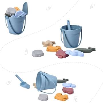 CHILDLIKE BEHAVIOR Silicone Baby Beach Toys - 10x10-Inch Travel Friendly Beach Toy Set - Durable Sandbox Toys - Kids Sand Toys Set Includes Sand Bucket, Shovel, and 6 Animal Shaped Sand Molds