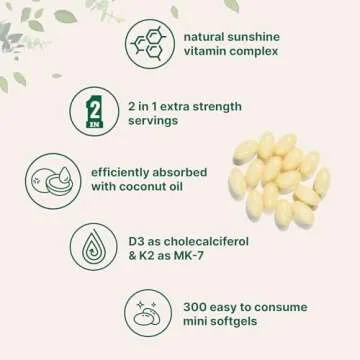 Vitamin D3 10000 iu Plus K2 (MK-7) 200 mcg, 300 Virgin Coconut Oil Softgels| 2 in 1 Vitamins D & K Complex | Supports Calcium Absorption, Bone, Immune, & Heart Health – Easy to Swallow
