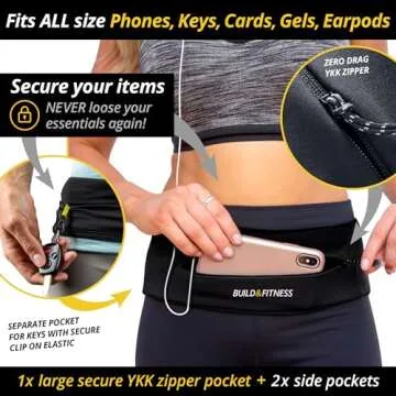 BUILD & FITNESS Zipper Running Belt – Adjustable Waist Pack, Slim, Light, YKK Zip, Secure Key Clip...