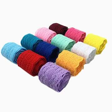 FQTANJU 12 Rolls 60 Yards Lace Ribbon Mixed Color Floral Pattern Fabric by The Roll, for Bridal Wedding Decorations, Invitation Cards, Hair Bow Making, DIY Sewing, Gift Wrapping, 1-3/4 Inch Wide