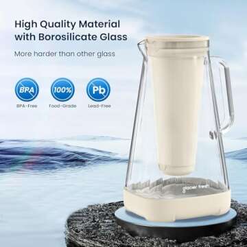 GLACIER FRESH Glass Water Pitcher for Tap and Drinking Water with Membrane and Activated Filter, Reduces Chlorine and Lead Taste, Food Grade and BPA Free Materials, 10-Cup, White