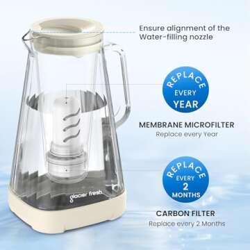 GLACIER FRESH Glass Water Pitcher for Tap and Drinking Water with Membrane and Activated Filter, Reduces Chlorine and Lead Taste, Food Grade and BPA Free Materials, 10-Cup, White