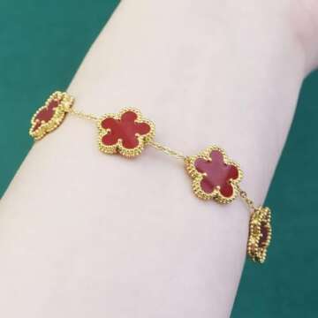 RWQIAN 18K Gold Plated Five Leaf Lucky Clover Bracelets for Women, Red Clover Link Flower Charm Brac...