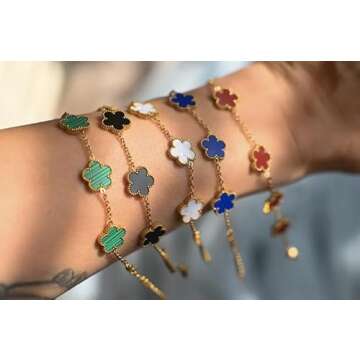 RWQIAN 18K Gold Plated Five Leaf Lucky Clover Bracelets for Women, Red Clover Link Flower Charm Bracelets,Adjustable Clover Bracelet Chain Jewelry Gifts Trendy for Birthday Christmas Day