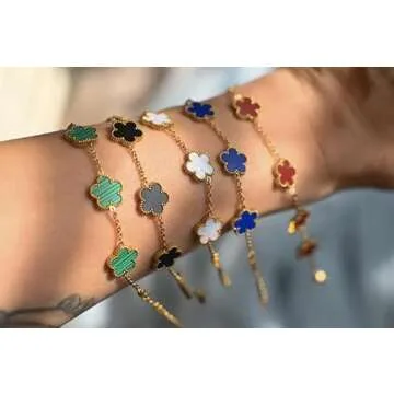 RWQIAN 18K Gold Plated Five Leaf Lucky Clover Bracelets for Women, Red Clover Link Flower Charm Bracelets,Adjustable Clover Bracelet Chain Jewelry Gifts Trendy for Birthday Christmas Day