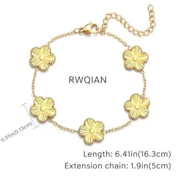 RWQIAN 18K Gold Plated Five Leaf Lucky Clover Bracelets for Women, Red Clover Link Flower Charm Bracelets,Adjustable Clover Bracelet Chain Jewelry Gifts Trendy for Birthday Christmas Day