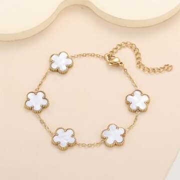 RWQIAN 18K Gold Plated Five Leaf Lucky Clover Bracelets for Women, Red Clover Link Flower Charm Bracelets,Adjustable Clover Bracelet Chain Jewelry Gifts Trendy for Birthday Christmas Day