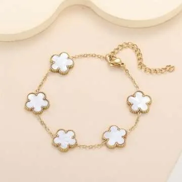 RWQIAN 18K Gold Plated Five Leaf Lucky Clover Bracelets for Women, Red Clover Link Flower Charm Bracelets,Adjustable Clover Bracelet Chain Jewelry Gifts Trendy for Birthday Christmas Day