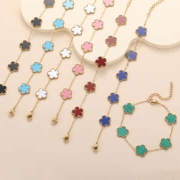 RWQIAN 18K Gold Plated Five Leaf Lucky Clover Bracelets for Women, Red Clover Link Flower Charm Bracelets,Adjustable Clover Bracelet Chain Jewelry Gifts Trendy for Birthday Christmas Day