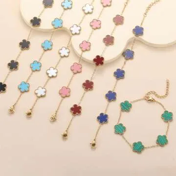 RWQIAN 18K Gold Plated Five Leaf Lucky Clover Bracelets for Women, Red Clover Link Flower Charm Bracelets,Adjustable Clover Bracelet Chain Jewelry Gifts Trendy for Birthday Christmas Day