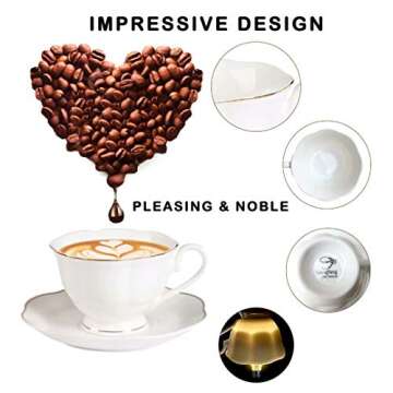 GuangYang 12 PCS White Tea Set-Fine Porcelain Tea Cup and Saucer set of 6 with Gold Line Handle for Tea Party