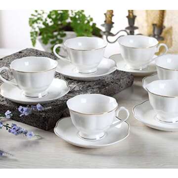 GuangYang 12 PCS White Tea Set-Fine Porcelain Tea Cup and Saucer set of 6 with Gold Line Handle for Tea Party