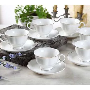 GuangYang 12 PCS White Tea Set-Fine Porcelain Tea Cup and Saucer set of 6 with Gold Line Handle for Tea Party