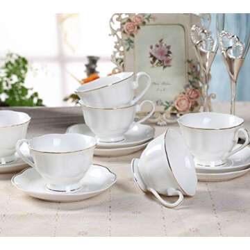 GuangYang 12 PCS White Tea Set-Fine Porcelain Tea Cup and Saucer set of 6 with Gold Line Handle for Tea Party